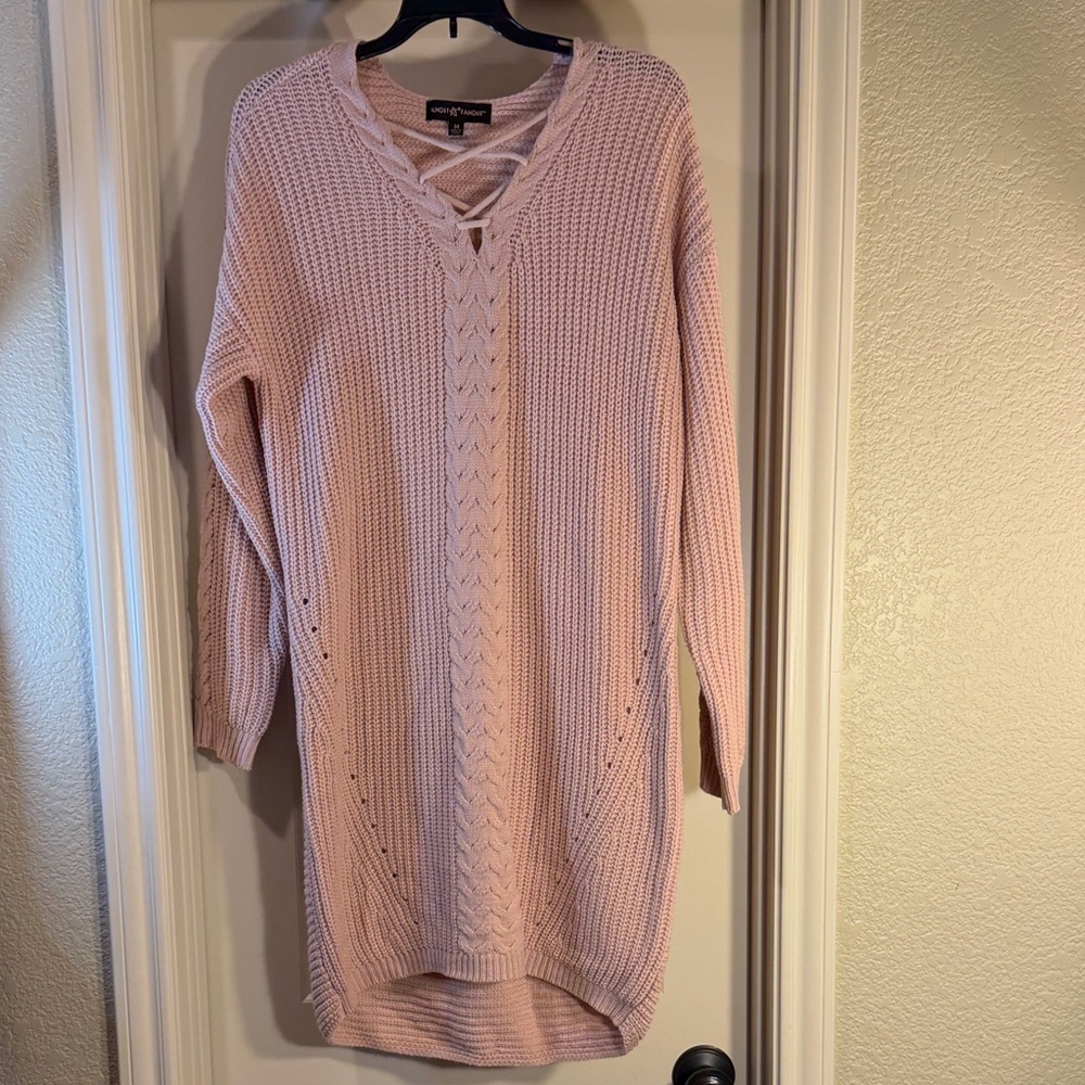 Almost Famous Blush Pink Cable Knit Midi Sweater Dress